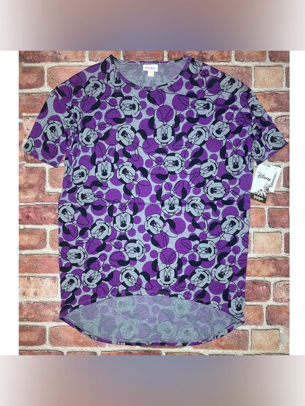 New LuLaRoe Irma Disney Gray Purple Minnie Mouse Hi-Low Top Shirt Size XXS